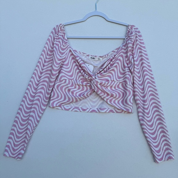 Elodie Abstract Warped Print Long Sleeve Crop Top Pink / White Women Size XL - Picture 1 of 13